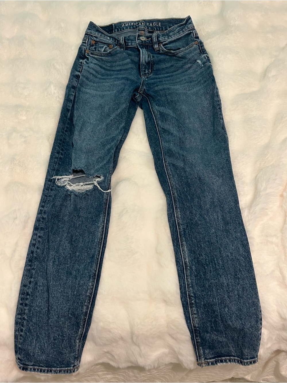 American Eagle Outfitters Dark Blue Distressed Straight Leg Jeans